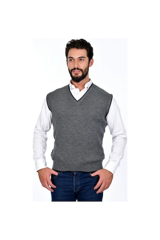 Kamalı Gri Erkek Çelik Örgü Intersiye Kışlık Kalın Triko V Yaka Triko Örgü Tüylenmez Süveter Gri