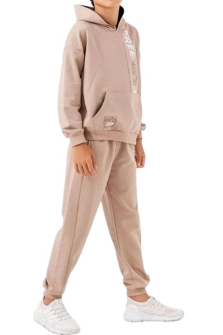 Erkek Çocuk Free Koordinat Yazılı Kapüşonlu Kanguru Cepli Bej Renk Eşofman Takımı Bej