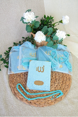 5 Adet Keseli Tesbihli İsim Baskılı Kadife Kaplı Yasin Mevlüt Kitabı Seti Hediyesi Mavi