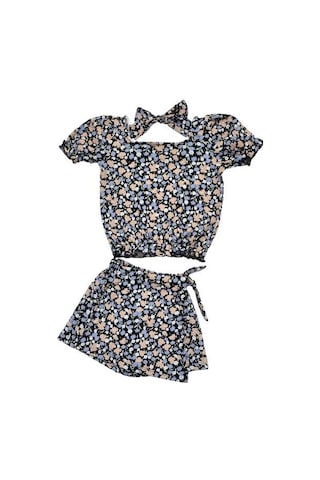 Çiçekli Şort Etekli Kız Çocuk Takım St07572 Siyah