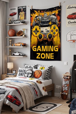 Gaming Zone Duvar Örtüsü, Oyuncu Odası Dekoru, Gamer Baskılı Kumaş Duvar Halısı Beyaz