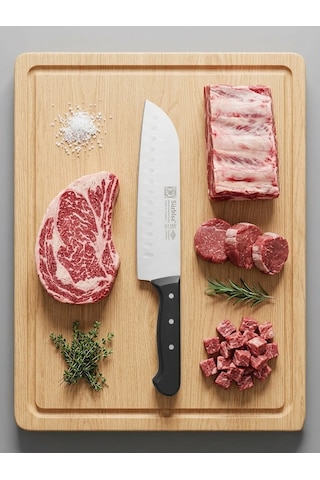 Sürmene Şef Aşçı Bıçağı Profesyonel Oluklu Santoku Bıçağı 31 Cm Pimli Sap Sürbisa 61095