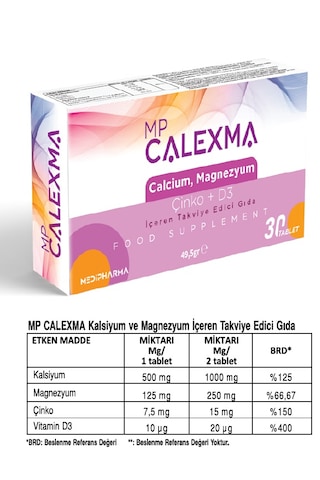 Medipharma Mp Calexma Kalsiyum Magnezyum Çinko+D3 Vitamin Takviye Edici Gıda 30 Tablet