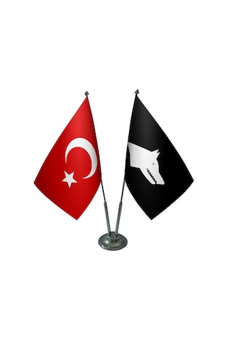 Masa Üstü Siyah Göktürk Bayrağı Türk Bayrağı İkili Krom Direk Mas