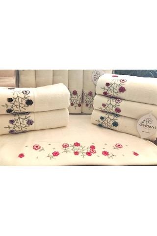 6.lı Set Annem 50x90 Cm. Özel Tafting Nakışlı Kadife Doku Çeyizlik Lüks Havlu Seti Beyaz krem