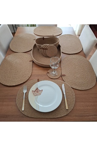 Oval 6 Kişilik 14 Parça Hasır Rengi Amerikan Servis, Hasır Supla Naturel