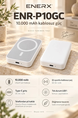 eNeRX ENR-P10GC 10.000 mAh 2.1A MagSafe Powerbank Beyaz