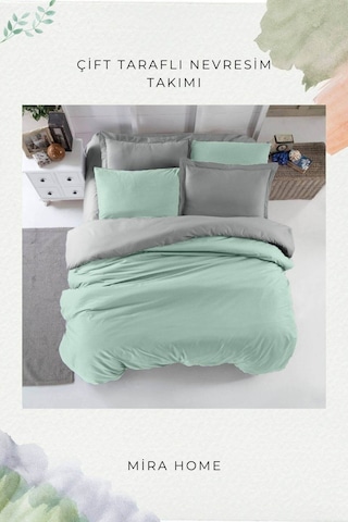 Çift Kişilik Nevresim Takımı Pamuklu Çift Taraflı Lastikli Çarşaflı Açık Yeşil