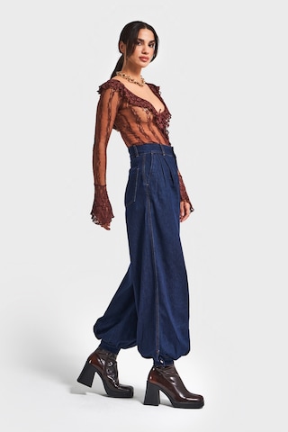 it's basic Kadın İndigo Renk 7w5-50 Wide Leg Baggy Fit Paça Detaylı Bol Kesim Tasarım Denim Jean