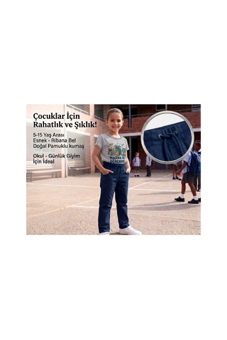 Erdem Kıds Unisex Erkek Kız Çocuk Ribana Bel Lastikli Boru Paça Kanvas-keten Keten Lacivert Okul Pantolonu Lacivert Lacivert