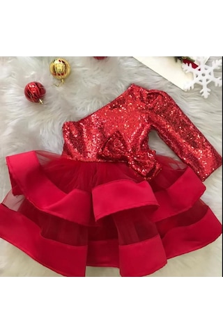Mashotrend Kırmızı Payetli Kurdelalı Tek Omuz Abiye - Çocuk Abiye Kırmızı