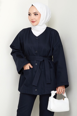 Bestenur Kemerli Ceket Pantolon Gabardin Takım 1557 - Lacivert Lacivert