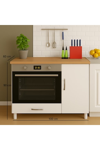 100lük Ankastre Fırın Ve Ocak Dolabı, Set Üstü Ocak Dolabı, Çok Amaçlı Dolap, Mutfak Dolabı Meşe - Beyaz