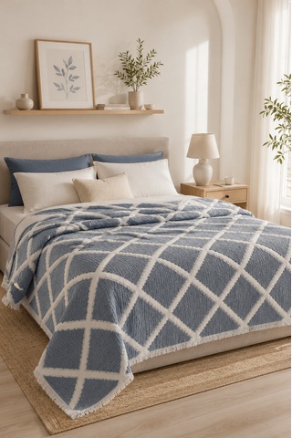 Premium Geometrik Kare Desenli %100 Pamuk Müslin Çift Taraflı Yatak Örtüsü Pike 220x240 Çift Kişilik İndigo