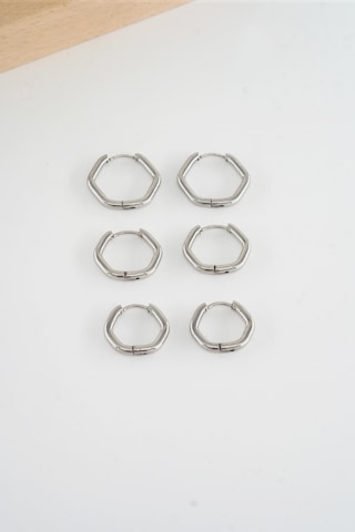 Kadın 316 L Çelik Anti Alerjenik Beşgen Model 3 Boy 1.8cm / 2.2 Cm /2.5 Cm Klipsli 6'lı Set Küpe -5129 Gümüş