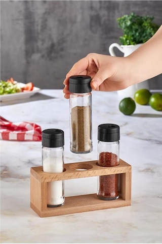 Kenpool Lima 3Lü Baharat Takımı Ahşap Stantlı Baharatlık Siyah Kapak