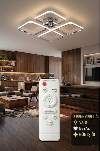 March Dekoratif Kumandalı Krom Plafonyer Led Avize-4'lü Geometrik Kare 3 Renk Yanma Özellikli