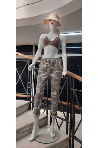 Eren Style Italyan Beli Bağlamalı Kamuflaj Desenli Dar Paça Pantolon-9078 Bej