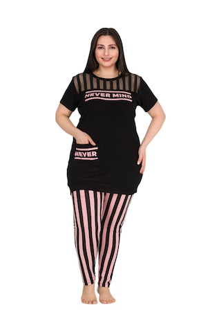 Pembe - Siyah Renk, Çizgi Desenli Lady 10756 Kadın Kısa Kol Büyük Beden Pijama Takımı Siyah - Pembe