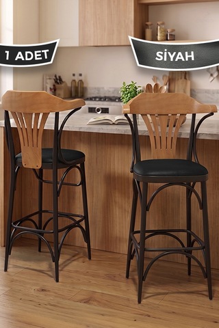 Wabex Serisi 1 Adet 66 Cm Suni Deri Kumaş Siyah Metal İskeletli Mutfak Bar Sandalyesi Siyah Sandalye Siyah Ayak