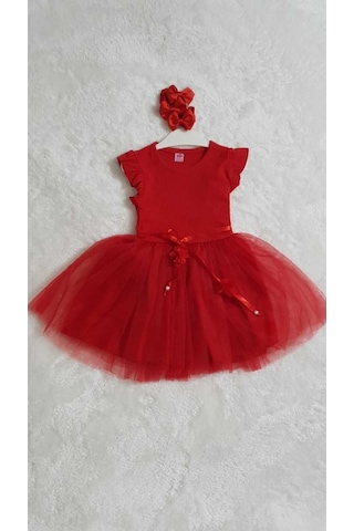 Kız Çocuk Kırmızı Pamuklu Kısa Kol Özel Gün Doğum Günü Yılbaşı Abiye Hediye Günlük Prenses Elbise Kırmızı