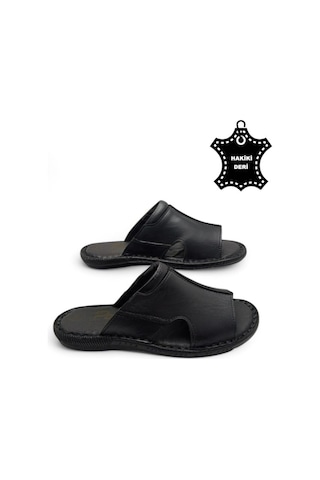 Tamamen Hakiki Deri Ve Topuk Yastıklı Sistemli Ortopedik Erkek Terlik Siyah-60 Siyah