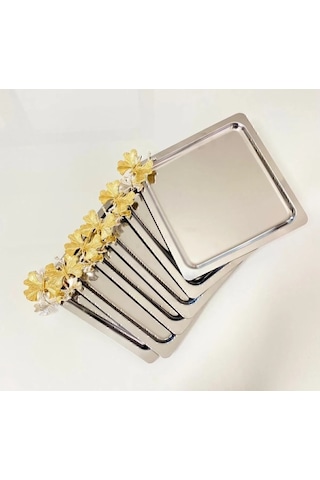 Bimote 6 Lı Paslanmaz Çelik Kare Gümüş Kelebekli Tepsi