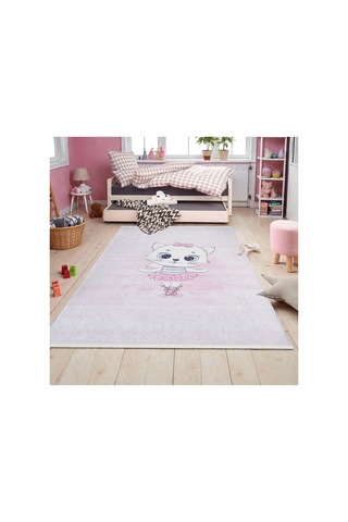 Balerin Kedi Çocuk Odası Halısı Kız Çocuk İçin Yumuşak Kaymaz Yıkanabilir Pembe Pembe