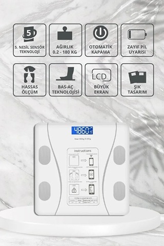 Beyaz Renk Bluetooth Özellikli Akıllı Tartı Beyaz