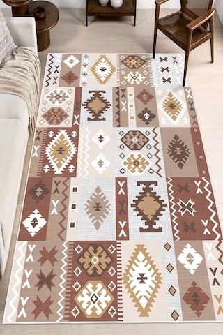 Dijital Baskılı Dekoratif Kilim Desen Kaymaz Taban Yıkanabilir Salon Halısı Yolluk Kahverengi