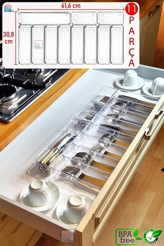 11'li Set Modüler Mutfaklarda Çekmece Içi Kaşıklık Organizer Düzenleyici Şeffaf Şeffaf 40 X 50 Çok Renkli