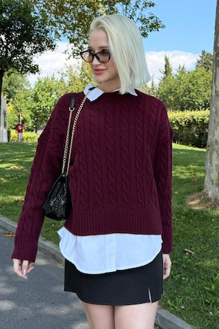 Madmext Bordo Bisiklet Yaka Örgü Desenli Kadın Triko Kazak Mg2520 Bordo