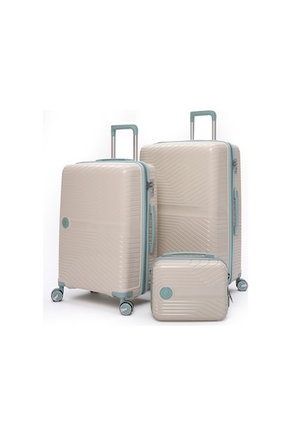 Elatae Exclusive Pro Polipropilen Kırılmaz 3'lü Valiz Seti Büyük - Orta Boy Ve Makyaj Çantası Bej - Mavi 5239 Bej