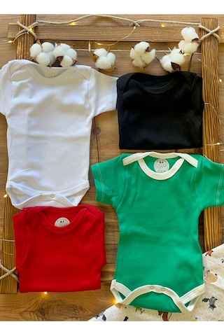 Betül Bebek Kısa Kollu 4'lü Organik Pamuk Çıtçıtlı Bebek Body & Zıbın Siyah,yeşil,kırmızı,beyaz Çok Renkli