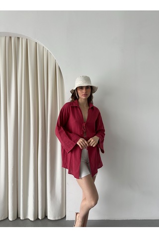 Bordo %100 Keten Bağcık Detaylı Kimono Bluz - 5218 Bordo