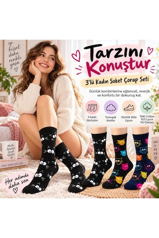 Çorap Giyim Unisex Kedi Desenli Çorap 6'lı Set Pamuklu Renkli Uzun Soket Dikişsiz Nefes Alan Rahat Günlük Çorap Çok Renkli