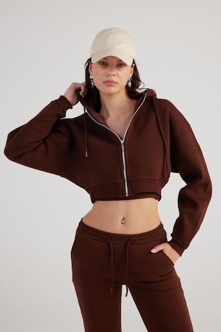 Holly Lolly Kadın Kahverengi Kapüşonlu Uzun Kol Fermuarlı Crop Mixed Sweat Kahve