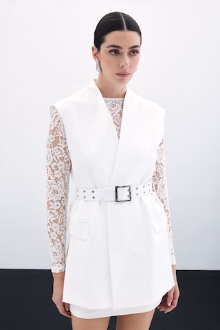 Sateen Kemerli Uzun Yelek - Ekru-135806 Ekru