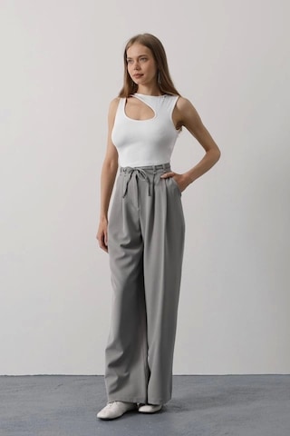 Defymoda Pileli Bağcıklı Oversize Pantolon - Gri Gri