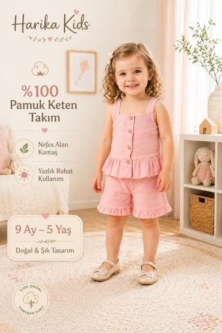 Harika Kids Kız Bebek Keten Kumaş Alt-üst Takım- %100 Pamuklu Pembe