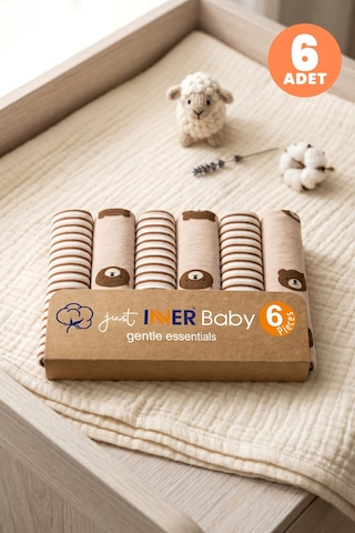 Just Inner Erkek Bebek 6'lı Pamuklu Ağız Mendili Ayıcık Ve Çizgili Desenli Kutulu Set Nefes Alan Doku 584202 Bej