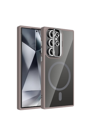 Samsung Uyumlu Galaxy S24 Ultra Kılıf Standlı Ve Kamera Lens li M-safe Şarj Özellikli Zore Etro Kapak Gri