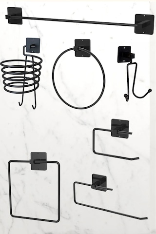 Yapışkanlı Siyah 7'li Banyo Seti Uzun Havluluk Rulo Havluluk Tuvalet Kağıtlık Siyah