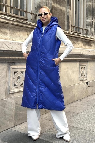 Veraura Lifestyle Saks Mavi Kapüşonlu Cepli Baklava Desen Uzun Şişme Yelek