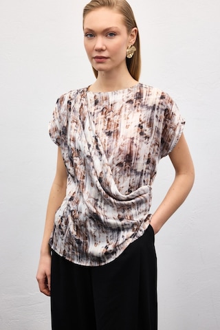 Sateen Pileli Kolsuz Bluz - Kahve-136863 kahve