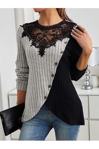 Kadın Bisiklet Dantelli Yaka Düğmeli Uzun Kollu Şardonlu Kaşkorse Bluz Gri