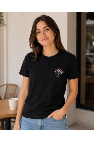 Yubistitch Tshirt Nakış İşlemeli Demet Çiçek- Penye-siyah