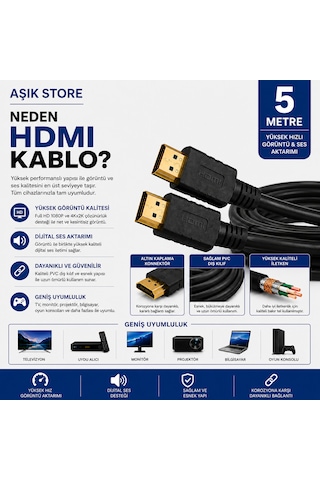 Hdmı Kablo 5 Metre Full Hd 1080p 4kx2k Yüksek Hızlı Görüntü Ve Ses Aktarım Kablosu Altın Kaplama Konnektör Pvc Dış Kılıf