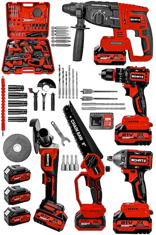 Schatz 21v Darbeli Kömürsüz 5'li Set Kırıcı Delici Hilti - Somun Sıkma Sökme - Testere - Matkap - Vidalama Kırmızı