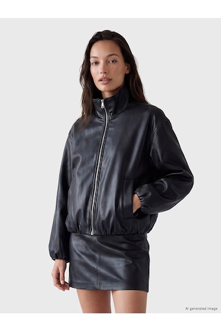 Lcwaıkıkı Classic Siyah Oversize Kadın Bomber Deri Görünümlü Ceket